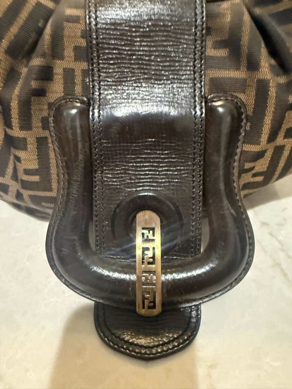 Fendi Tobacco Zucca canvas "B Buckle" hobo bag featuring brown leather i. EUC - Picture 4 of 12